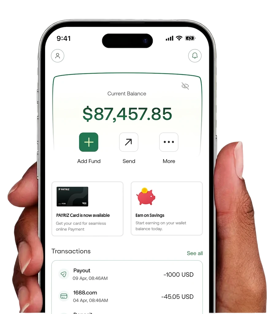 The Payriz app on a phone, showing the account balance, quick actions and recent transactions
